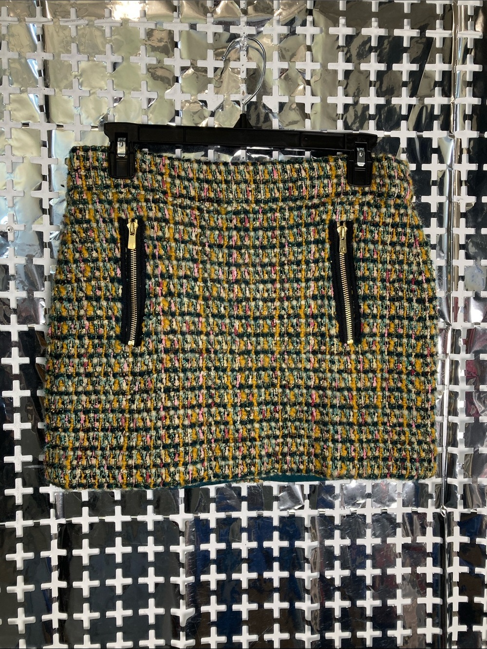 J. Crew Multicolor Tweed Mini Skirt with Black Trim and Gold Zippers